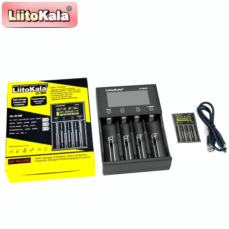 LiitoKala Lii-M4S Touch Charger (4 Slots)-300-1000mA LCD Capacity Tester W/ Storage Mode & USB Power Bank for 21700/26650/18650