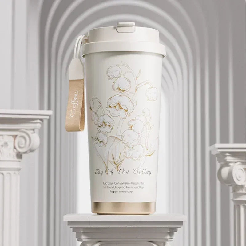 2026 Hot Lily of The Valley Design Travel Portable Leakproof Sippy Cup Coffee Cup Stainless Steel Car Cold Handy Cup lijiao