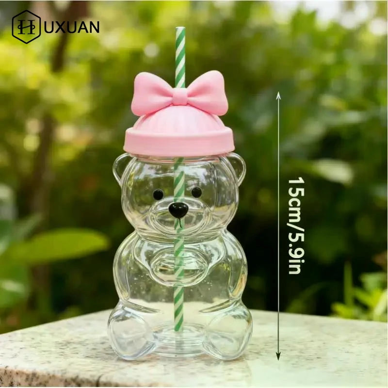 Cartoon Bear Shaped Coffee Mug Cute Bear Mug Plastic Cup With Straw Transparent Creative Milk Coffee Water Cups