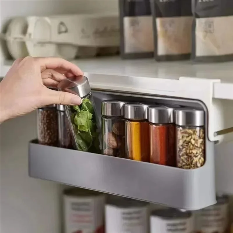 AAAN-Wall Mounted Adjustable Spice Rack Non Perforated Seasoning Boxes For Barbecue Materials Combination Set Storage Case