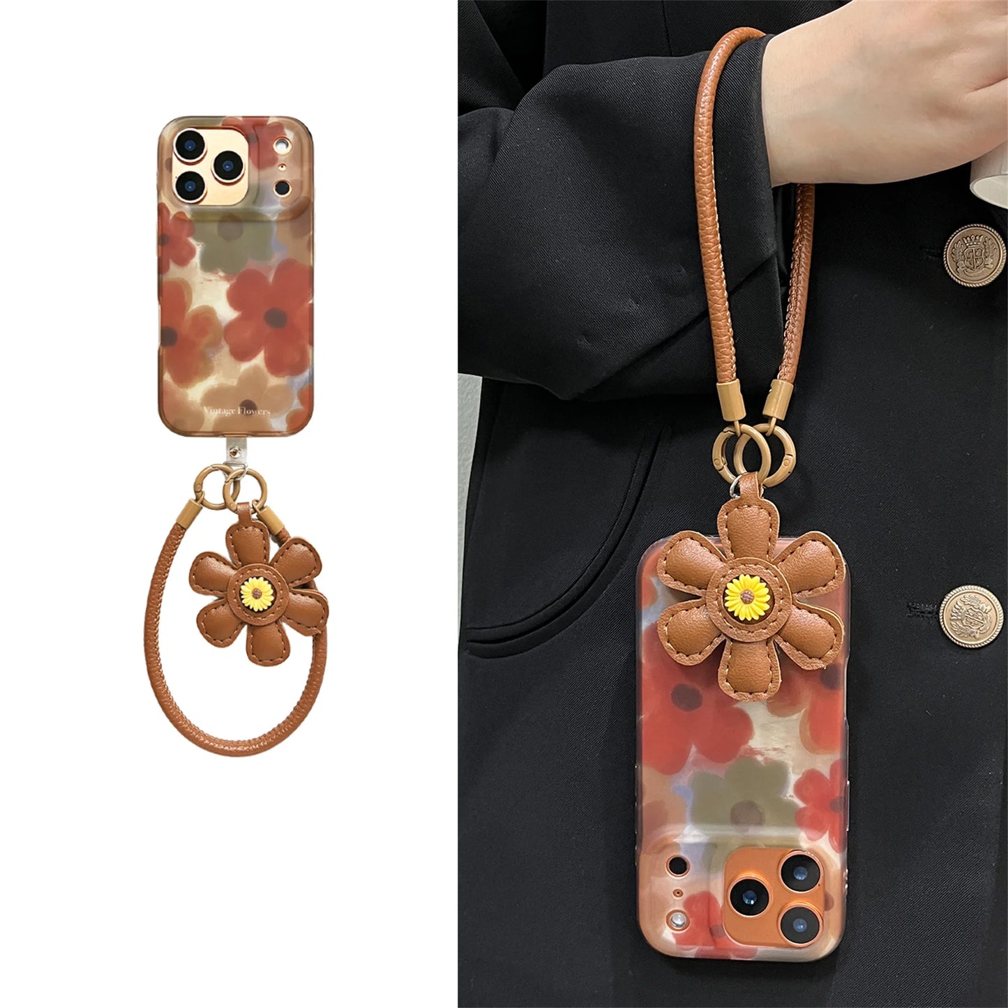 iPhone 17 16 15 14 Pro Max Cover Necklace Leather Chain Pendant Rendering Brown Flower