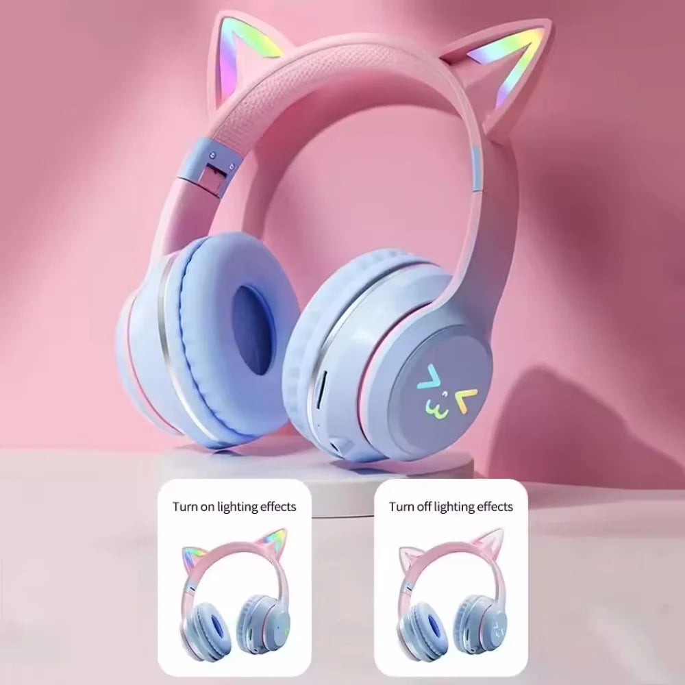 Gradient wireless Headphones RGB cute cat ear Bluetooth Earphones with microphone Stereo Music Game Earphone Girls Kids Gifts