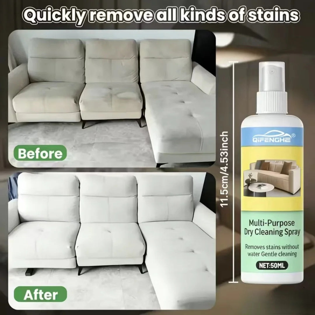 QIFENGHE 100ml Multi-Purpose Dry Cleaning Spray, Waterless Fabric Stain Remover for Sofa, Carpet & Upholstery, No-Rinse Spot Cle
