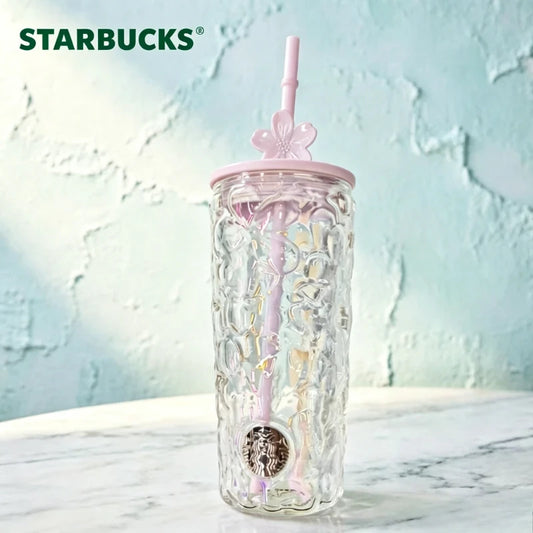 Starbucks 575ml Iridescent Sakura Glass Tumbler, Embossed Texture, Pink Lid & Cherry Blossom Straw Topper Starbucks Cup