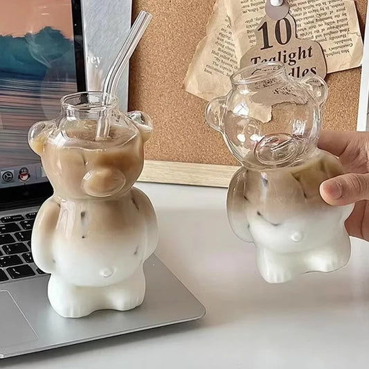 Cartoon Bear Shaped Coffee Mug Cute Bear Mug Glass Cup With Straw Transparent Creative Milk Coffee Water Cups