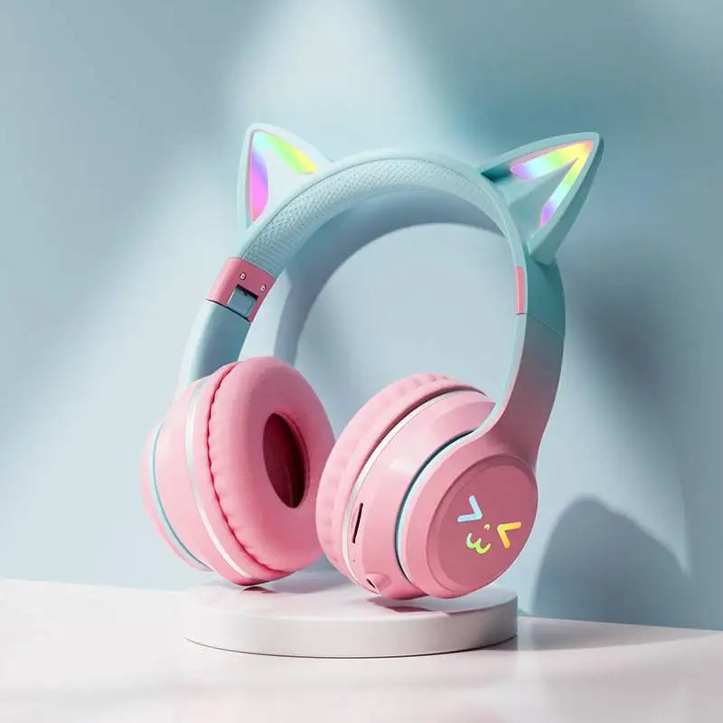 Gradient wireless Headphones RGB cute cat ear Bluetooth Earphones with microphone Stereo Music Game Earphone Girls Kids Gifts