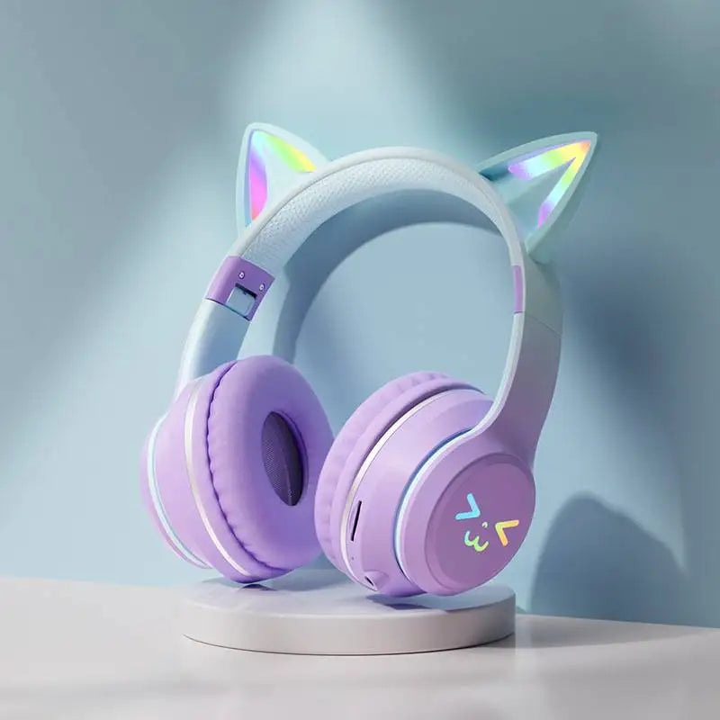 Gradient wireless Headphones RGB cute cat ear Bluetooth Earphones with microphone Stereo Music Game Earphone Girls Kids Gifts
