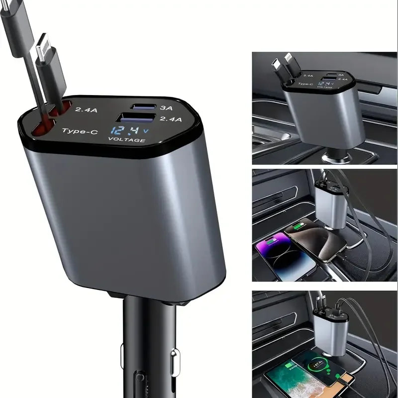 4 in 1 120W Car Charger Retractable Car Cigarette Lighter Adapter USB Type C Fast Charger Cable for IPhone Xiaomi POCO Samsung