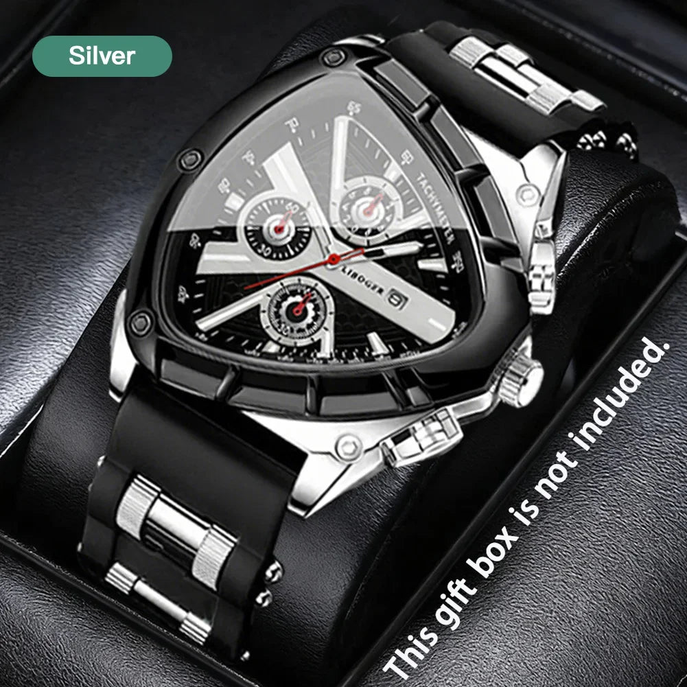Men Universal Casual Quartz Watch Multifunctional Polygonal Three-Eye Dial Silicone Strap Auto Date Wristwatch Men Festival Gift
