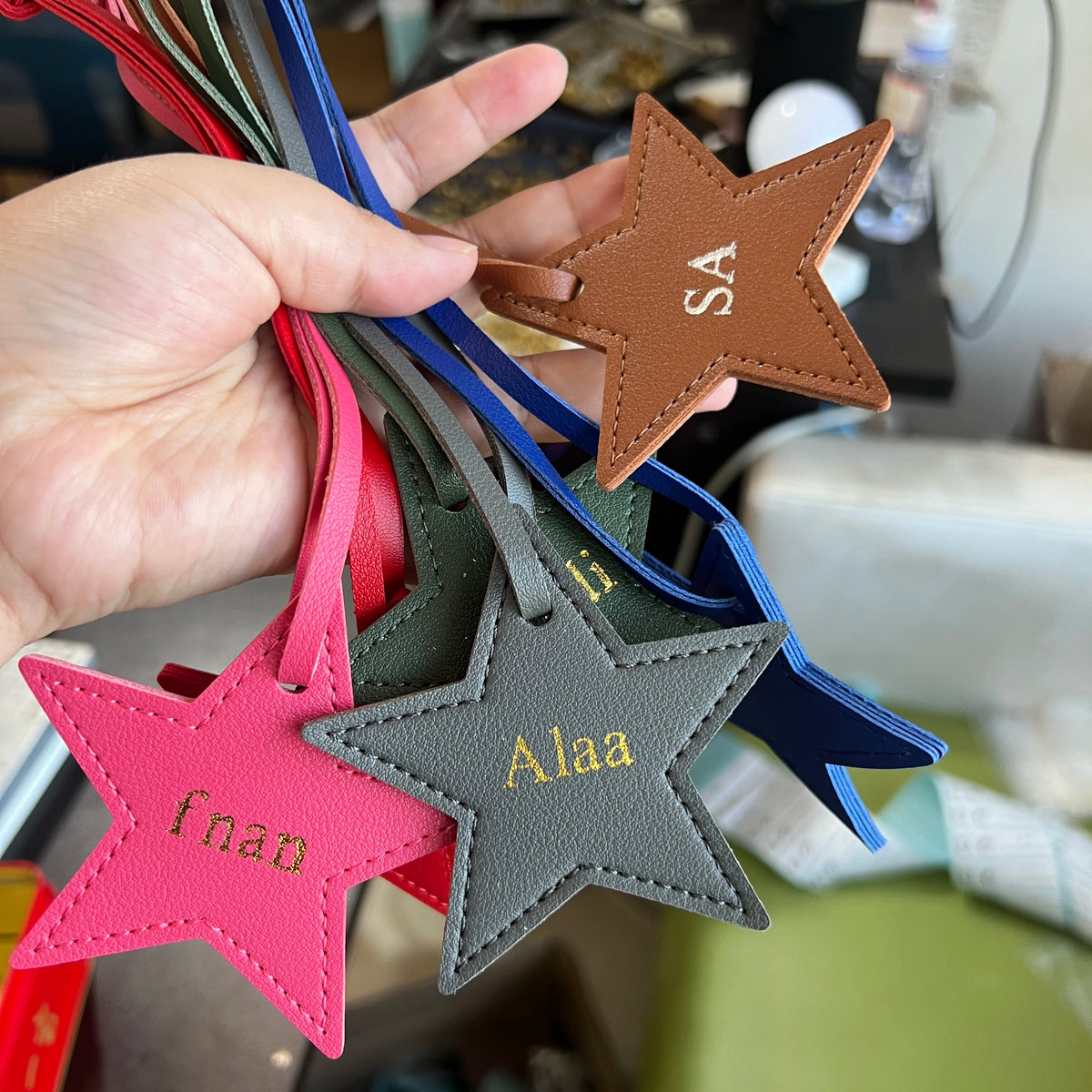 New Free Custom Initals Leather Five-Pointed Star Keychain Pendant Car Key Star Decoration Pendant Bag Accessories