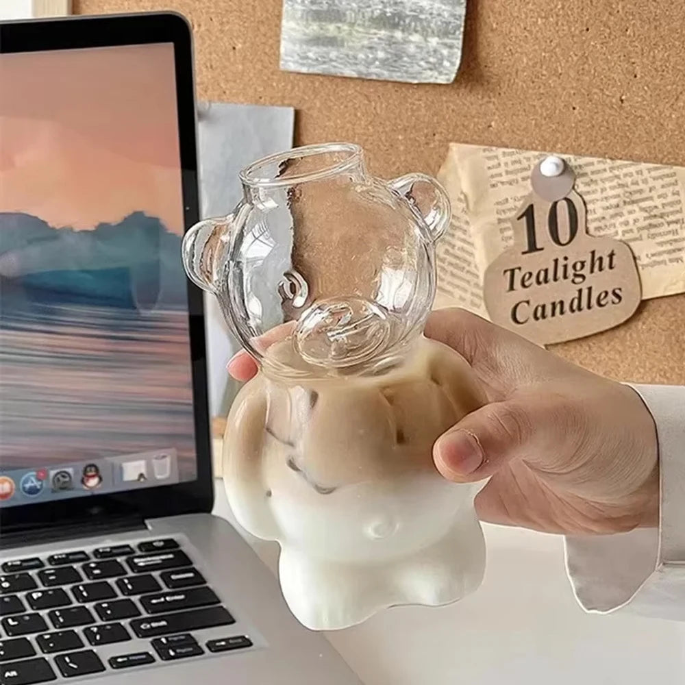 Cartoon Bear Shaped Coffee Mug Cute Bear Mug Glass Cup With Straw Transparent Creative Milk Coffee Water Cups