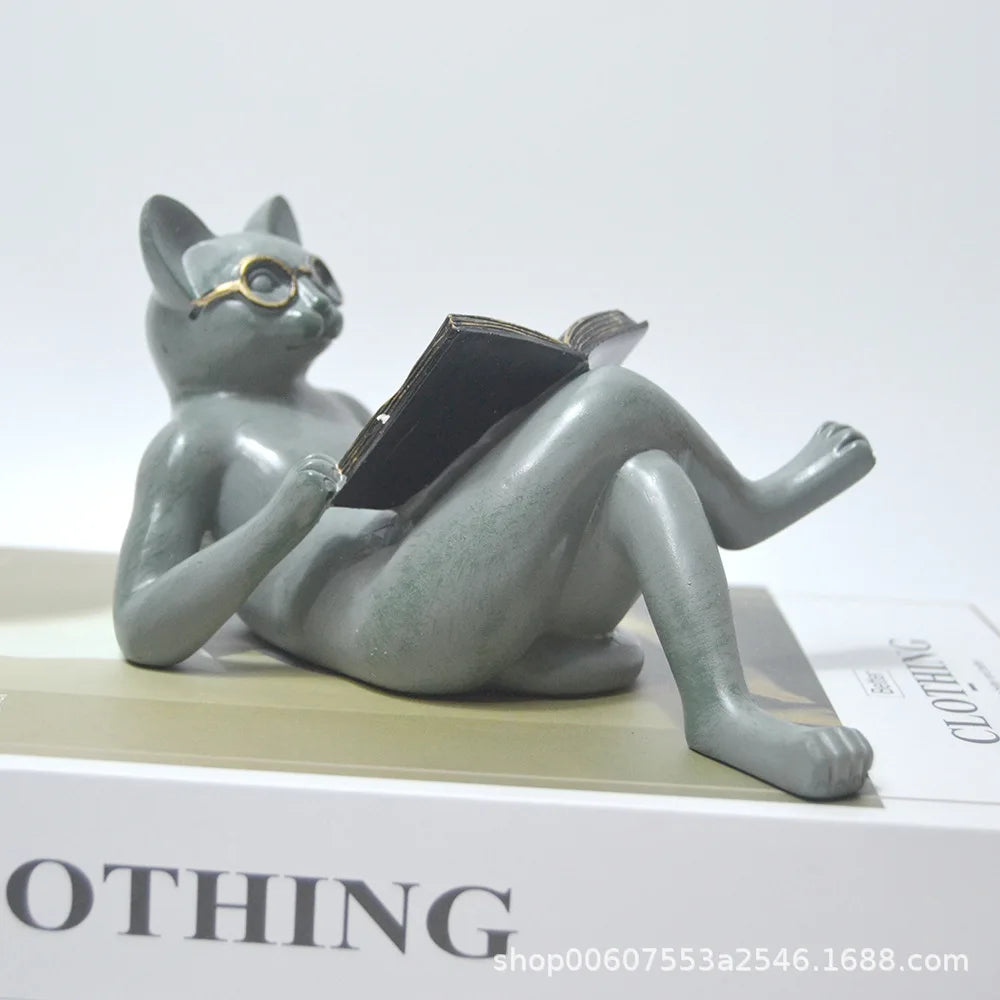 Reading Cat Statue‌ - Resin Figurine with Book for Garden & Home Decor