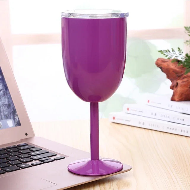10oz Goblet Wine Cup With Seal Lid Double Wall Stainless Steel Tumbler Champagne Layer Cocktail Mug For Christmas Party