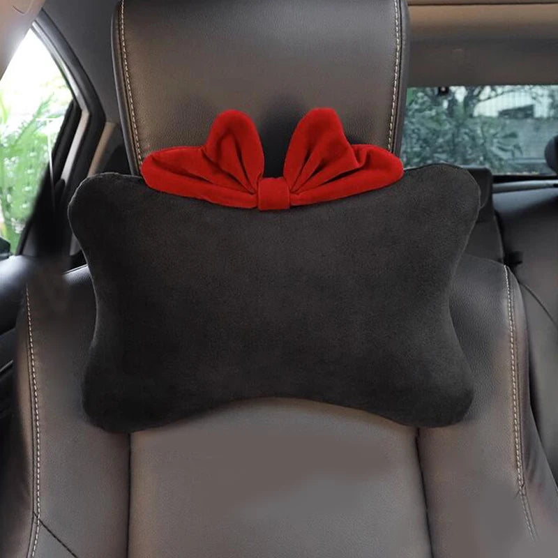 1pc Cute Cartoon Red Bowknot Car Neck Pillow Universal Auto Seat Headrest Support Seatbelt Cover Car Accessories for Women