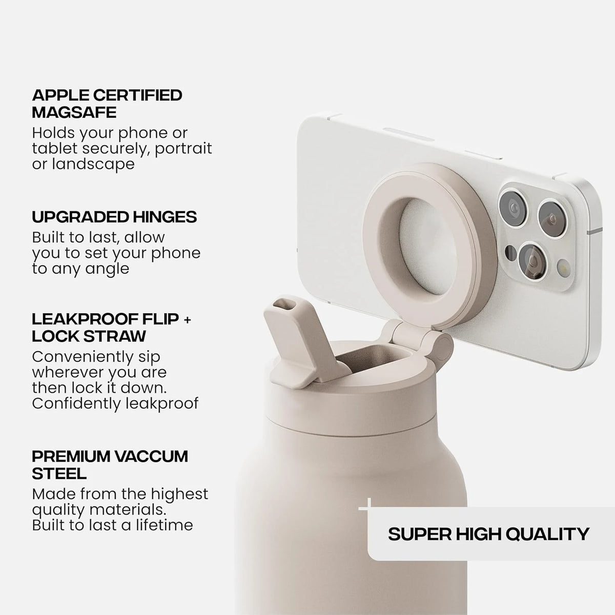 24oz Insulated Water Bottle with Magnetic Phone Mount & Sip Straw Lid for Daily Use