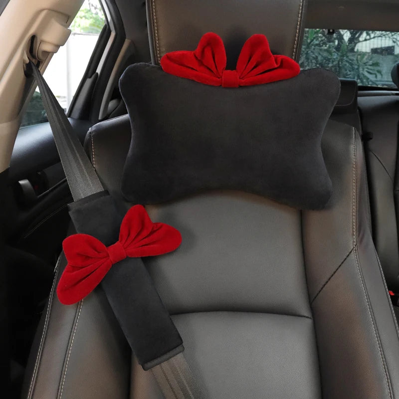1pc Cute Cartoon Red Bowknot Car Neck Pillow Universal Auto Seat Headrest Support Seatbelt Cover Car Accessories for Women