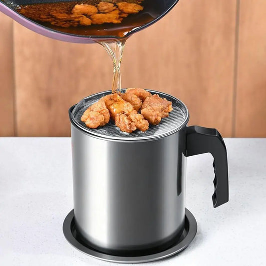 Stainless Steel Oil Filter Cup Kitchen Oil Storage Bottle Leak Proof with Removable Strainer for Storing Frying Oil Kitchenware