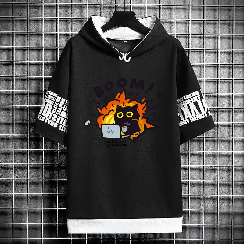 Harajuku Men's T-Shirt Hoodie Women Cartoon Cat Print Graphics T-Shirt Streetwear Funny Shirt Korean Fashion Short Sleeve Tops