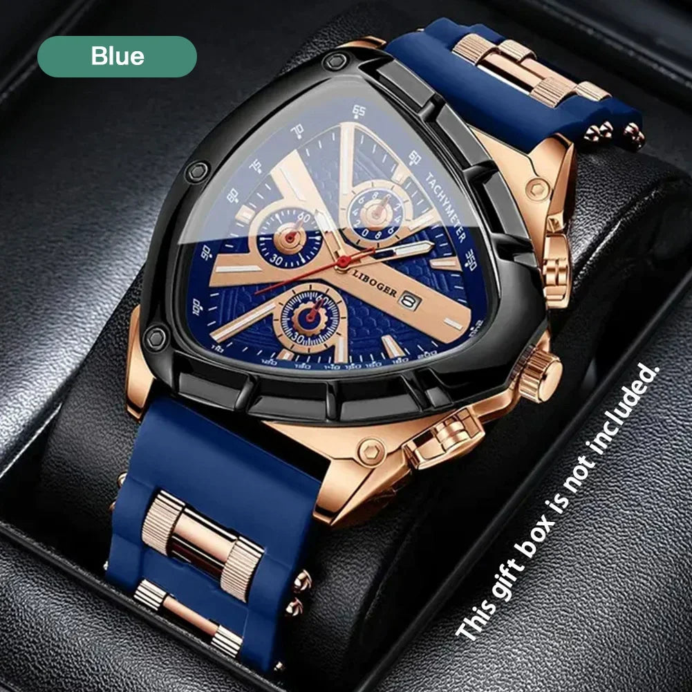 Men Universal Casual Quartz Watch Multifunctional Polygonal Three-Eye Dial Silicone Strap Auto Date Wristwatch Men Festival Gift