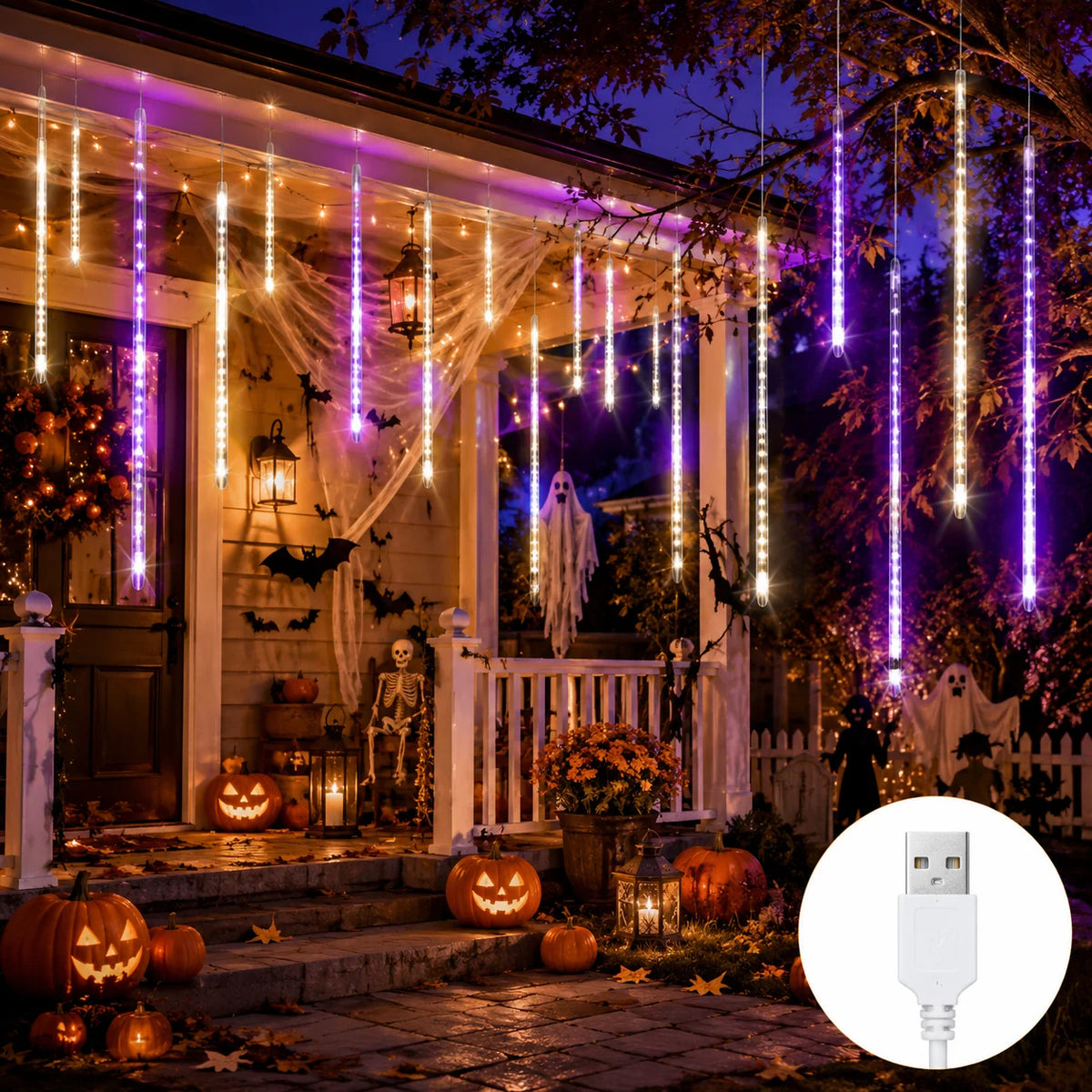 LED String Lights Meteor Shower Falling Rain Tube Lights USB Powered Warm White Purple for Garden Patio Yard Halloween Decor