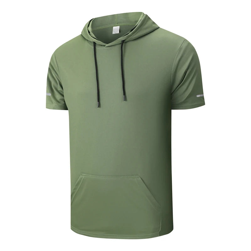 Men Hooded T Shirt Sports Fitness Gym T Shirt Short Sleeve Hoodie Summer Sweatwear Loose Solid Color Lightweight T-shirt