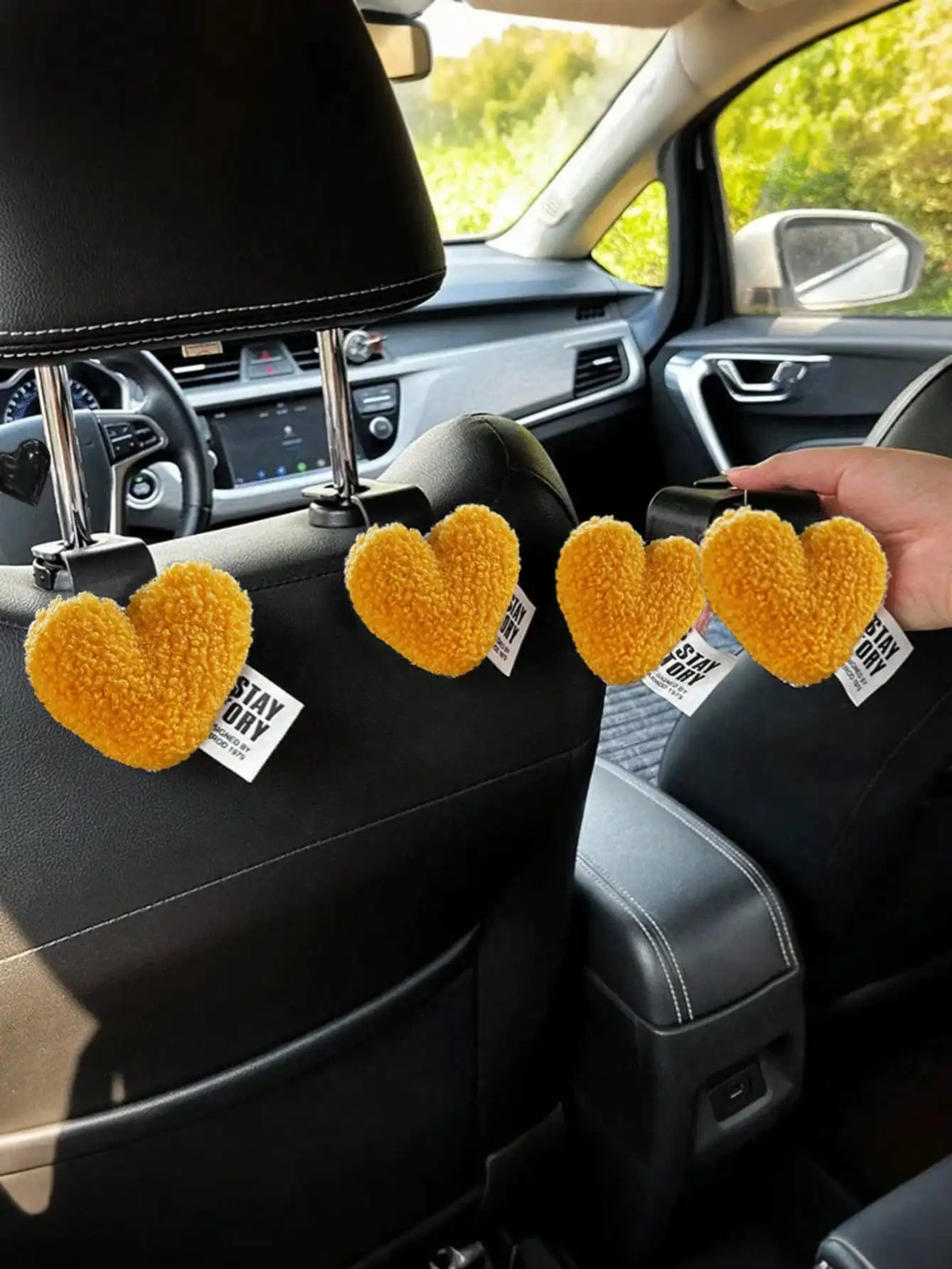 2 Plush Heart-Shaped Car Hooks - Durable and Cute Seat Back Hooks for Bags and Clothes. Easy to Install. Perfect Car Accessories