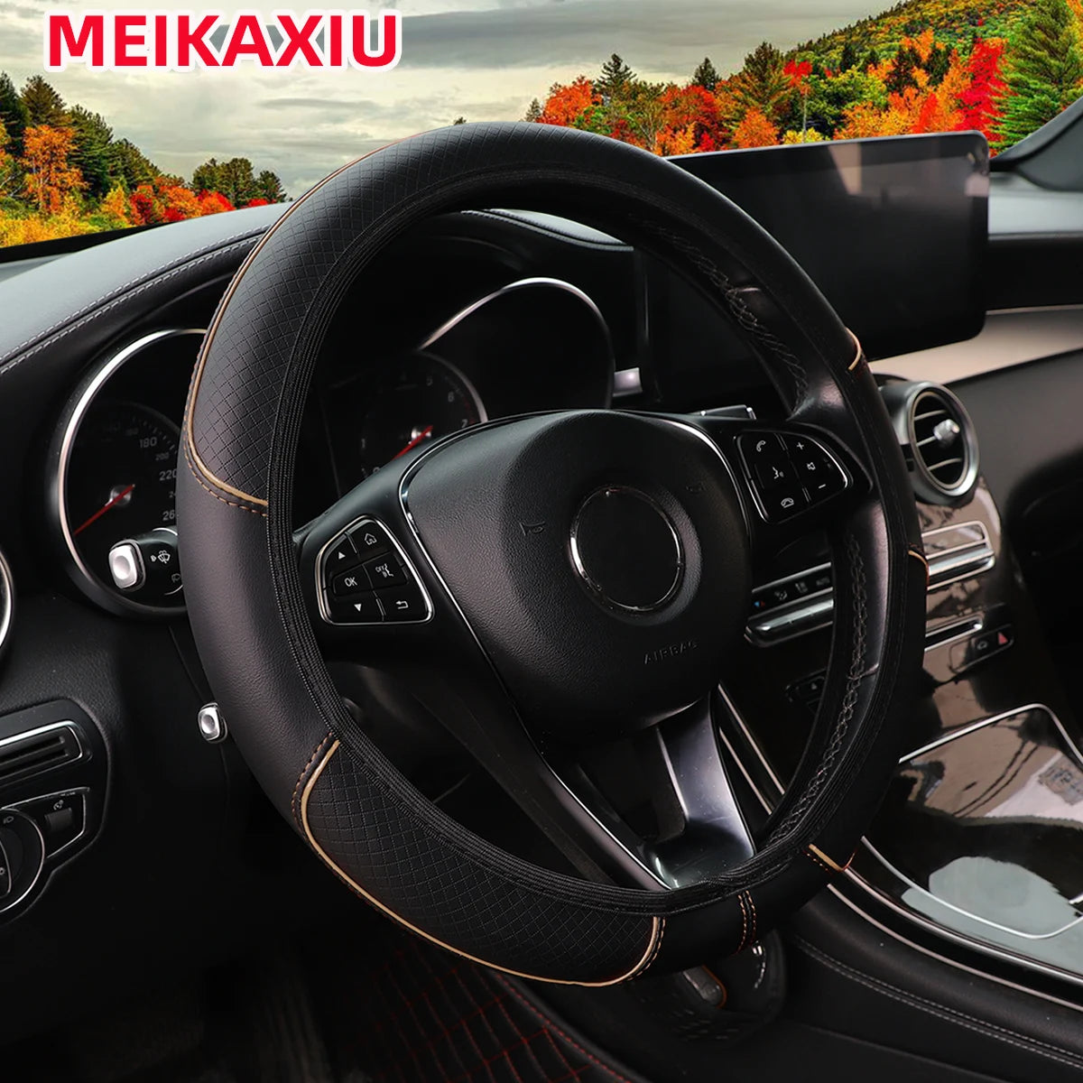 Car Steering Wheel Cover PU Leather Check-Pattern Embossed Trim Non-Ring 37-38cm Interior Accessory for Vehicle