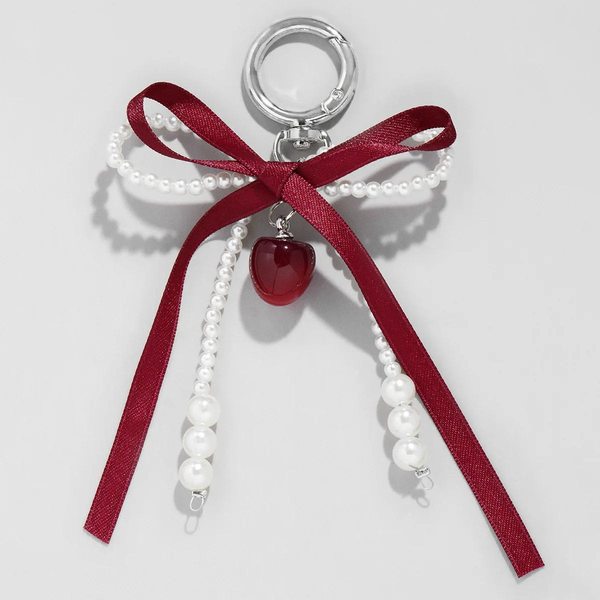Wine Red Ribbon Cherry Pendants Keychain Women Sweet White Pearl Bow Backpack Key Ring Jewelry Bags Decoration Friendship Gifts