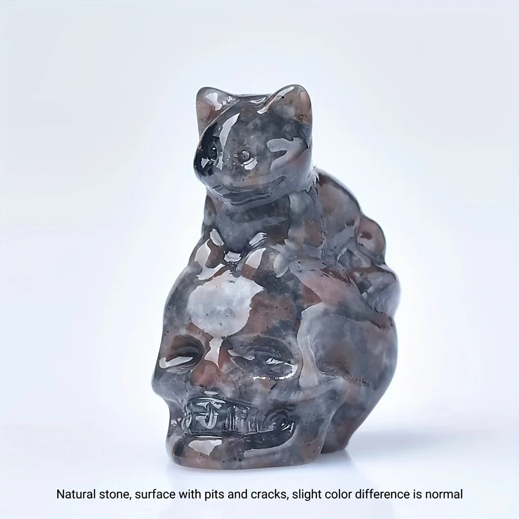 CUPIDCRYSTAL Hand-Carved Natural Crystal Skull Cat Figurine - Perfect for Halloween Decor & Gifts, 1.18in