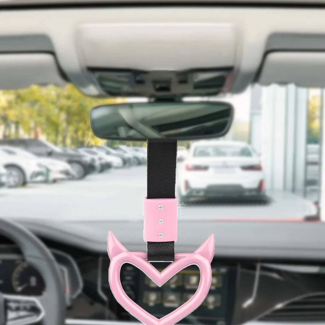 Gradient Devil Heart Tsurikawa Handle Strap, JDM Style Rearview Mirror & Bumper Decor, Car Interior & Exterior Accessory