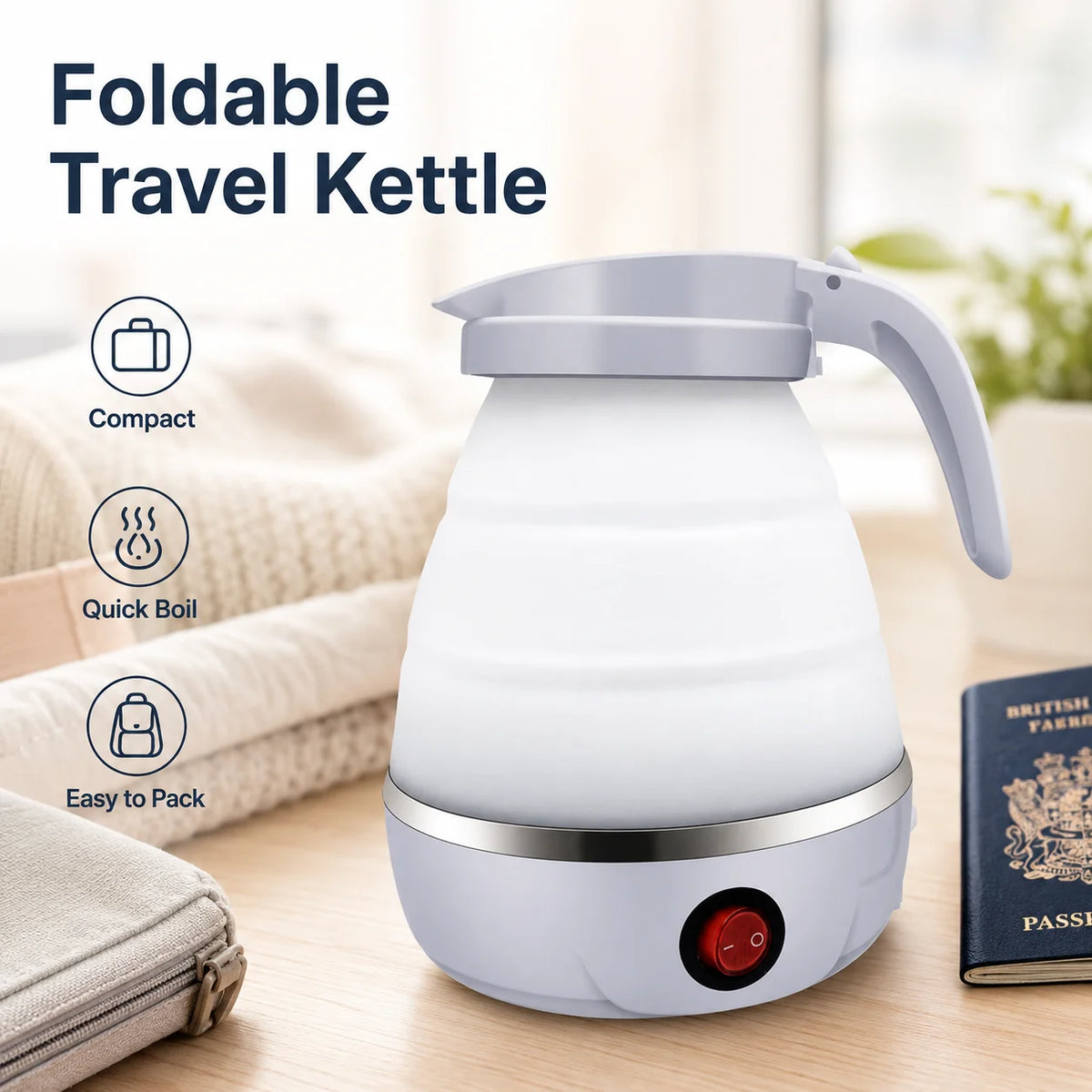 600ml Collapsible Electric Travel Kettle – Foldable, for Camping and Caravanning, with Silicone Handle