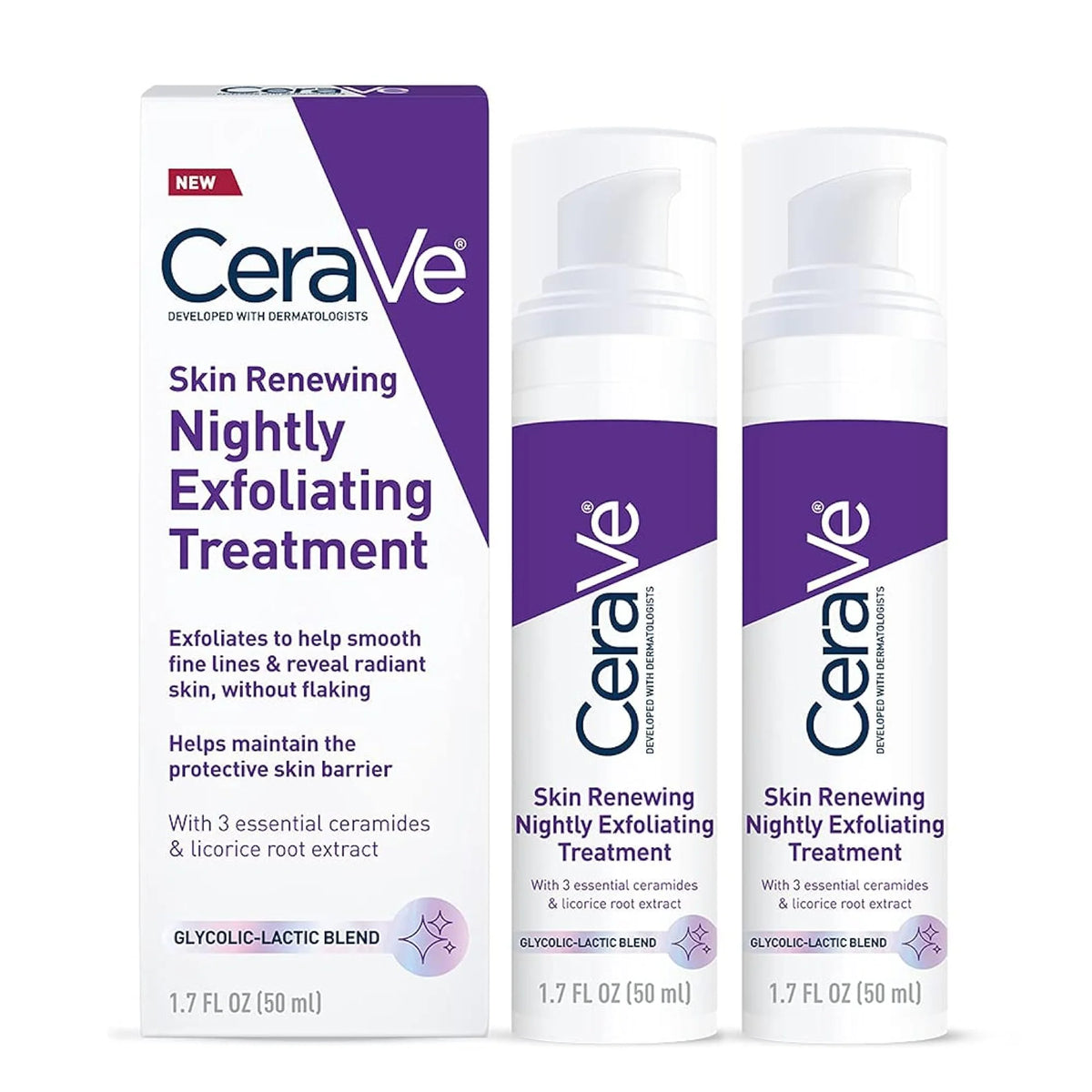 CeraVe Skin Renewing Nightly Exfoliating Treatment 50ml Glycolic Lactic Acid Serum with Ceramides for Radiant Smooth Skin