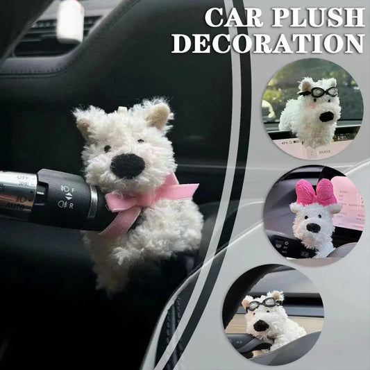 Plush Doll Puppy Car Interior Cute Bow Dog Steering Column Turn Signal Wiper Rod Decorative Accessories for Tesla Benz