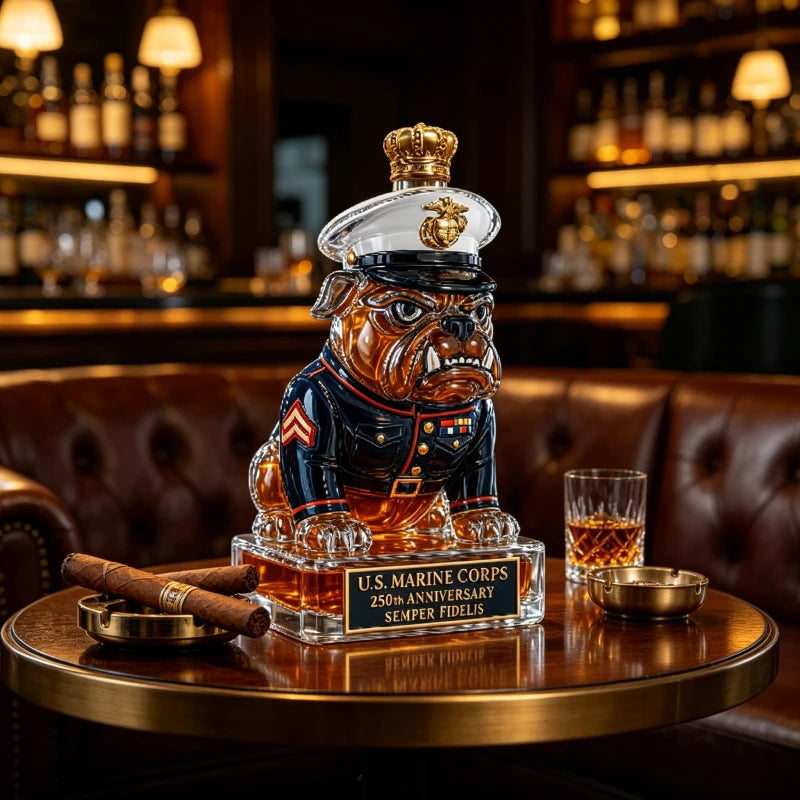 Marine Bulldog Liquor Decanter, 250th Anniversary USMC Semper Fidelis Whiskey Bottle, Unique Barware for Home Bar Decor
