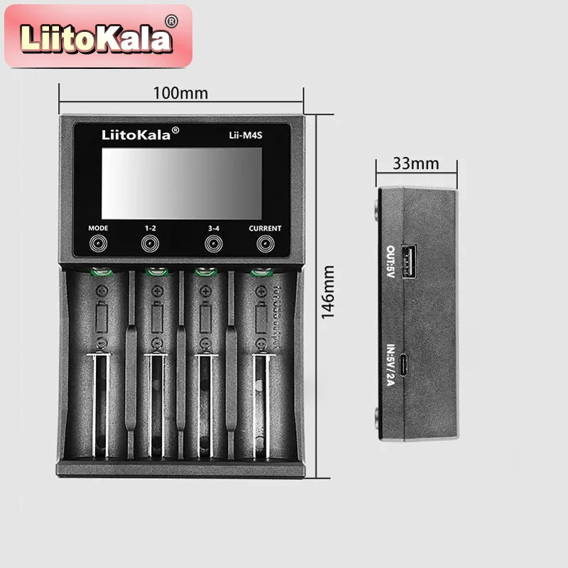 LiitoKala Lii-M4S Touch Charger (4 Slots)-300-1000mA LCD Capacity Tester W/ Storage Mode & USB Power Bank for 21700/26650/18650