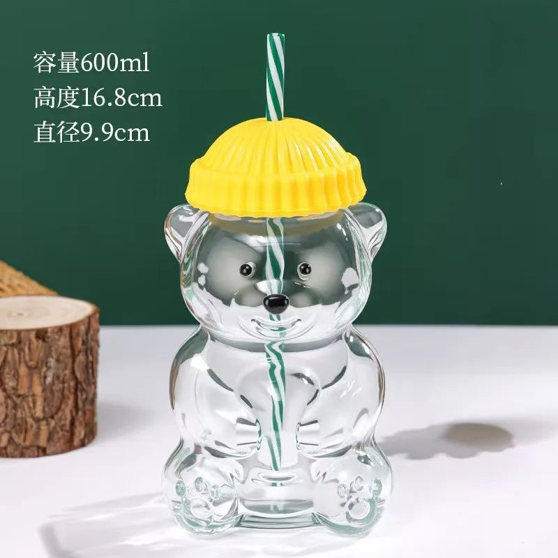 New Year Decor Bear Shape Christmas Gift Glass Cup With Straw Coffee Mug Cute Cartoon Creative Glass Juice Cup Tea Cup Drinkware