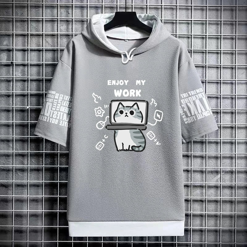 Harajuku Men's T-Shirt Hoodie Women Cartoon Cat Print Graphics T-Shirt Streetwear Funny Shirt Korean Fashion Short Sleeve Tops