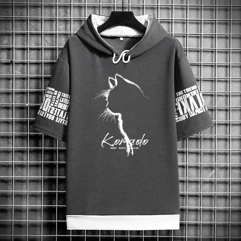 Harajuku Men's T-Shirt Hoodie Women Cartoon Cat Print Graphics T-Shirt Streetwear Funny Shirt Korean Fashion Short Sleeve Tops