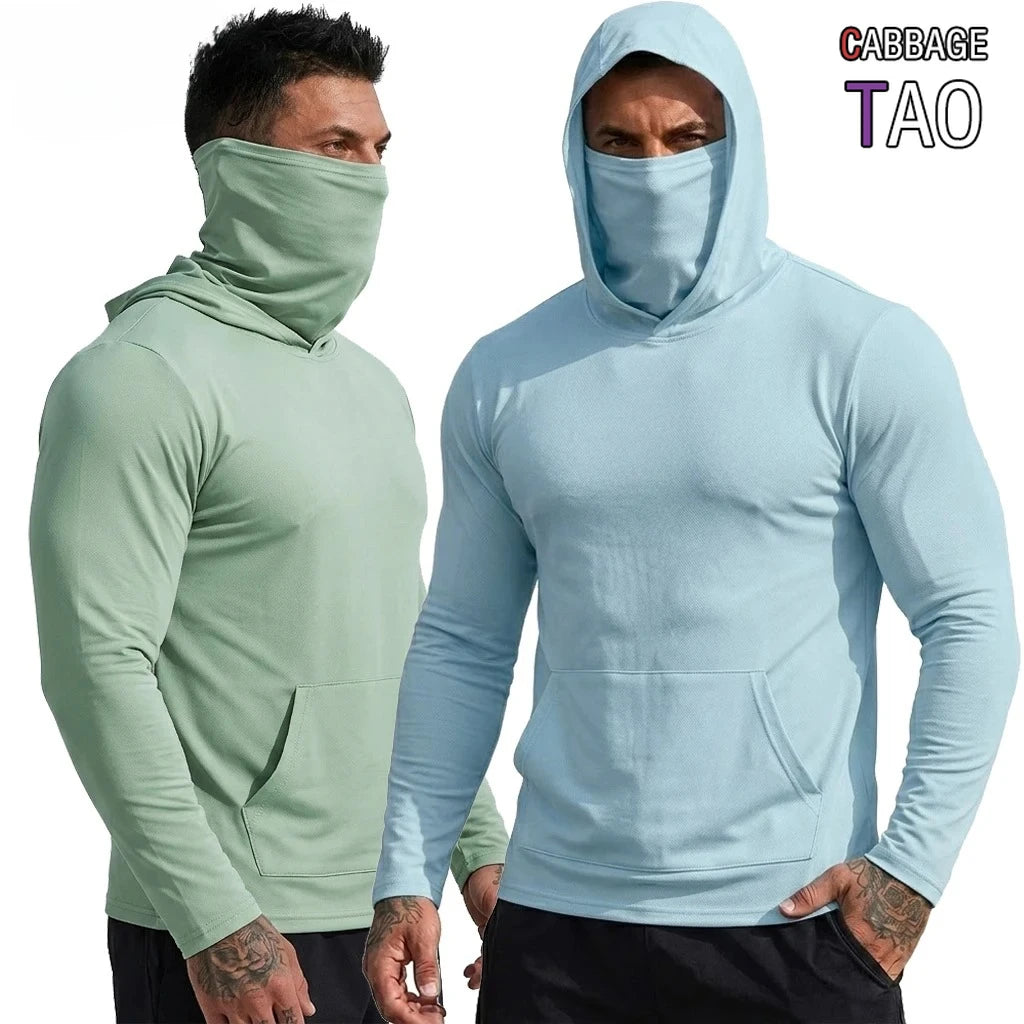 Mens Sun Protection Hooded Tee Quick Dry Long Sleeve Sweatshirt Lightweight Performance Top for Hiking Outdoor Sun Wear Tops