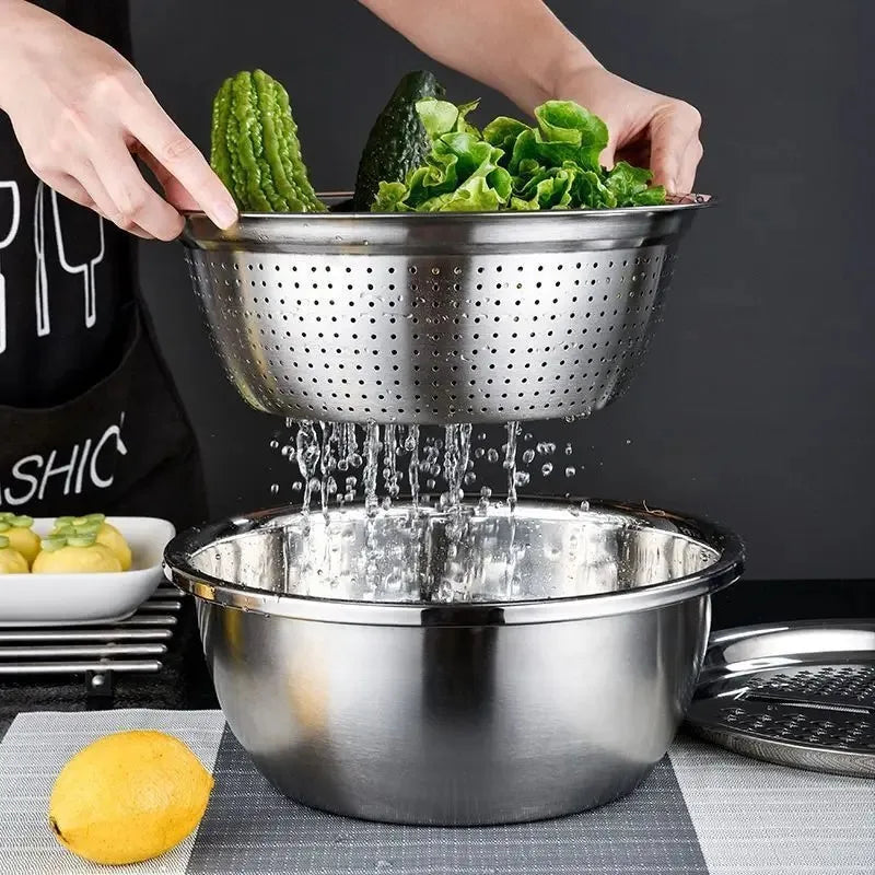 Vegetable Slicer Grater Kitchen Accessories Stainless Steel Multifunctional Strainer and Mixing Bowl Set for Washing Fruits