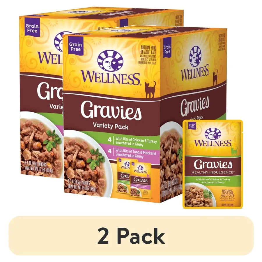 2 pack Healthy Indulgence Gravies Variety Pack Adult Wet Cat Food, Natural, Protein Rich, Grain Free, 2 Flavors, 3 oz, Pack of