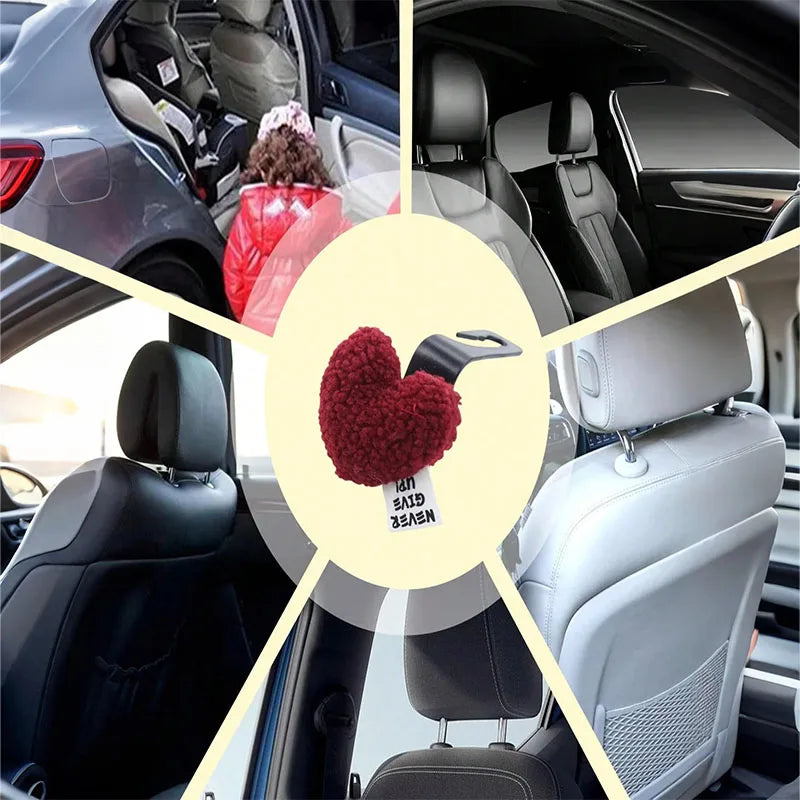 2 Plush Heart-Shaped Car Hooks - Durable and Cute Seat Back Hooks for Bags and Clothes. Easy to Install. Perfect Car Accessories