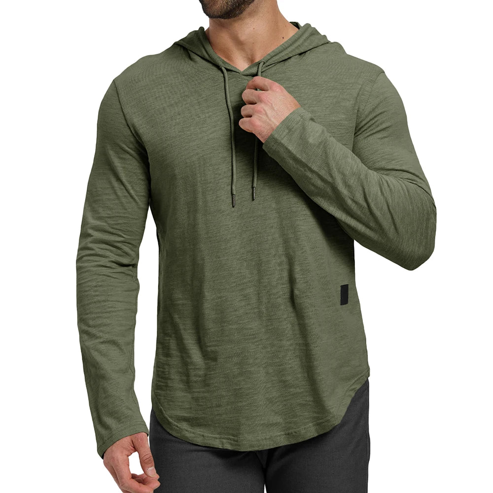 Men's Solid Color Long Sleeve T-shirt Hooded Design Fashion Breathable Tees Lightweight Drawstring Cozy Cotton Tops