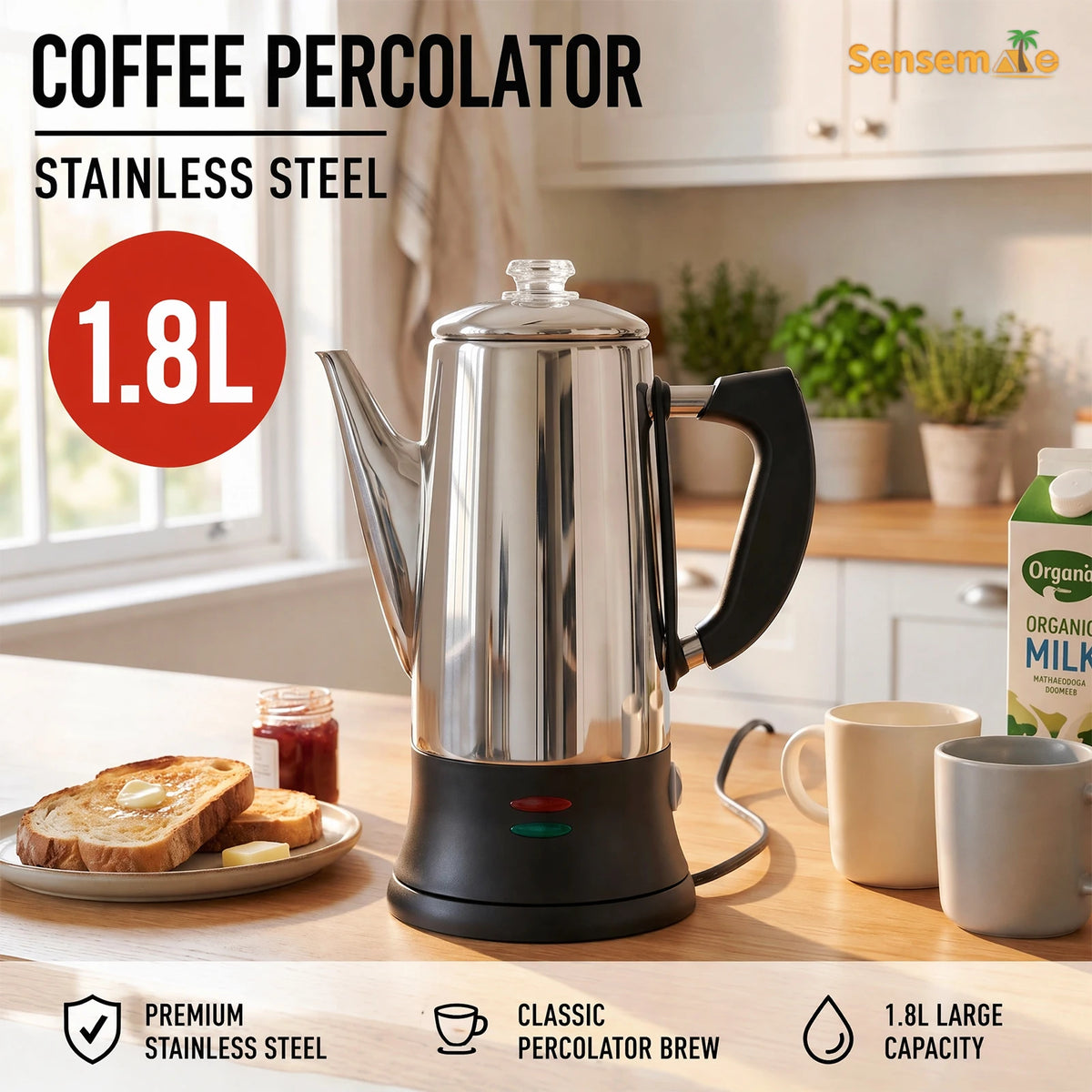 Electric Coffee Percolator 1.8L 12 Cup 304 Stainless Steel Coffee Maker Keep Warm Fast Brew Filter Pot For Home Camping Office