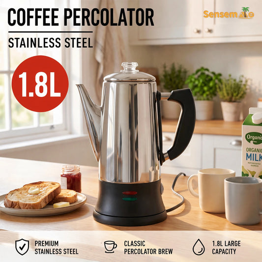 Electric Coffee Percolator 1.8L 12 Cup 304 Stainless Steel Coffee Maker Keep Warm Fast Brew Filter Pot For Home Camping Office
