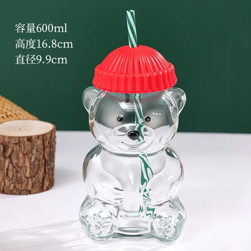 New Year Decor Bear Shape Christmas Gift Glass Cup With Straw Coffee Mug Cute Cartoon Creative Glass Juice Cup Tea Cup Drinkware