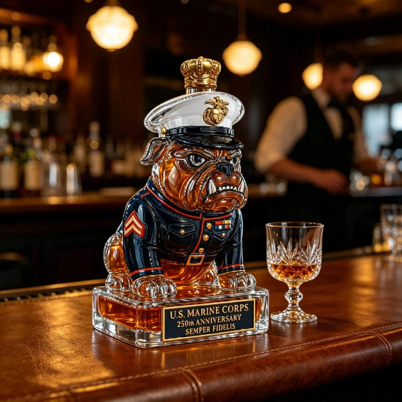 Marine Bulldog Liquor Decanter, 250th Anniversary USMC Semper Fidelis Whiskey Bottle, Unique Barware for Home Bar Decor
