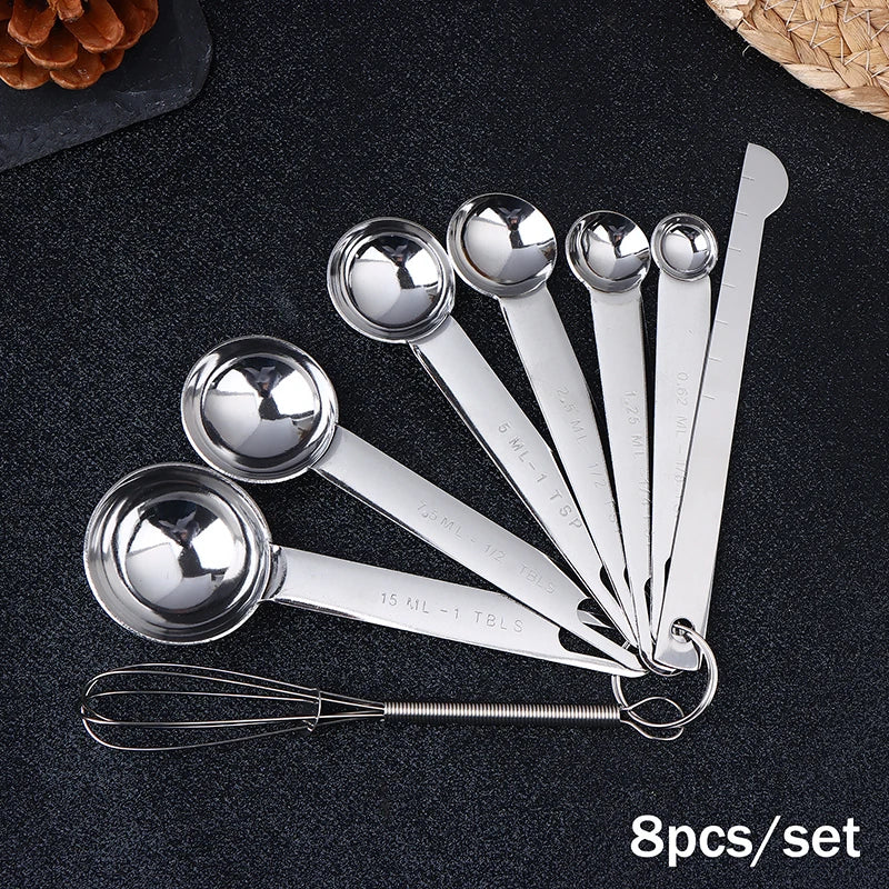 4/6/8Pcs Set Stainless Steel Measuring Spoon Cup With Scale Measuring Ruler Egg Beater Spoon Kitchen Baking Measuring Tool