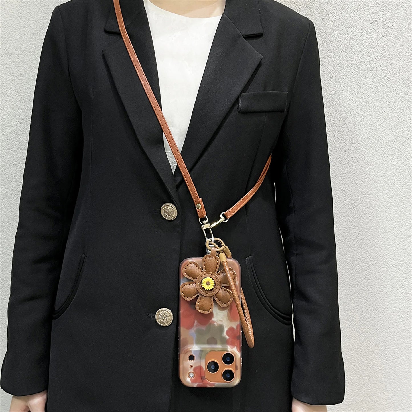 iPhone 17 16 15 14 Pro Max Cover Necklace Leather Chain Pendant Rendering Brown Flower