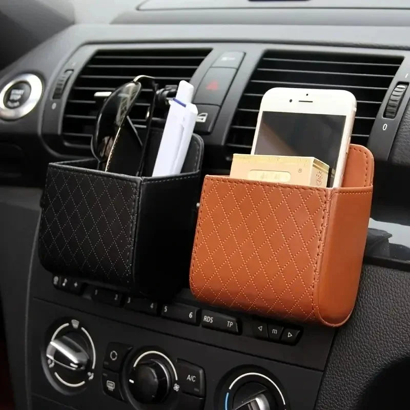 Car Storage Bag Car Air Outlet Debris Bag For Mobile Phone Key Sunglasses Vent Dashboard Tidy Hanging Leather Organizer Box 1pc